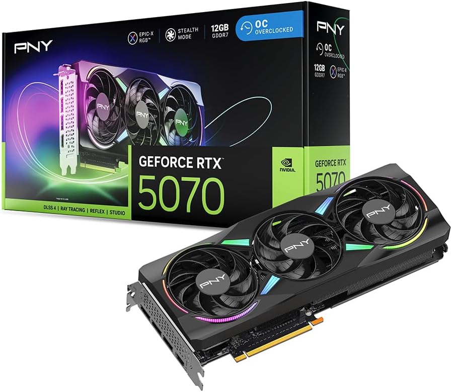 PNY NVIDIA GeForce RTX™ 5070 Epic-X™ ARGB OC Triple Fan, Graphics Card (12GB GDDR7, 192-bit, Boost Speed: 2685 MHz, SFF-Ready, PCIe® 5.0, HDMI®/DP 2.1, 2.4-Slot, Blackwell Architecture, DLSS 4